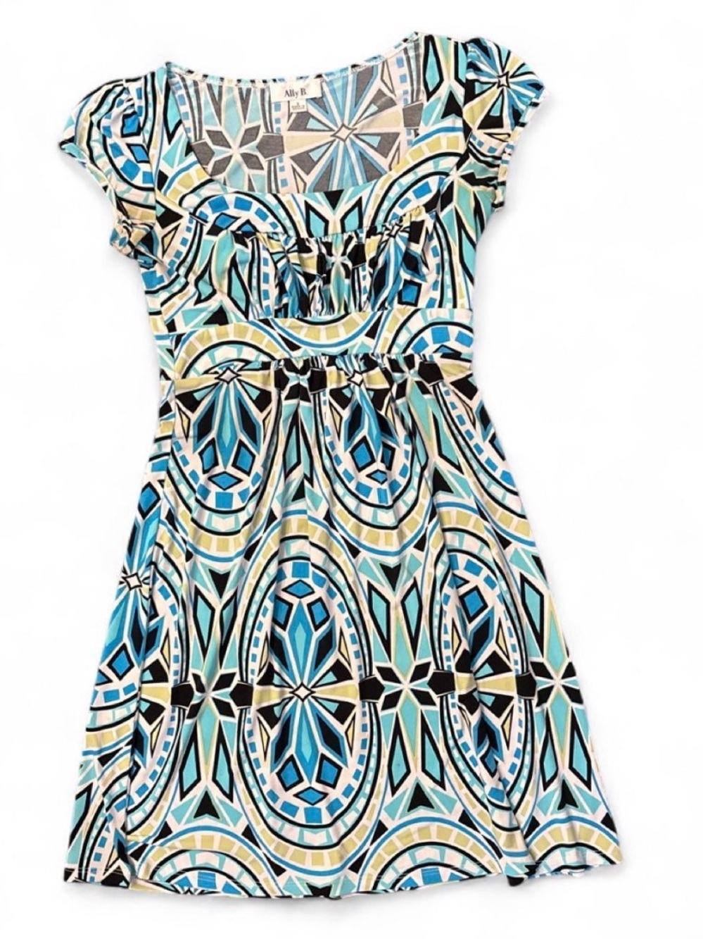 Ally B Teal, Blue & Cream Geometric Fit-and-Flare Dress